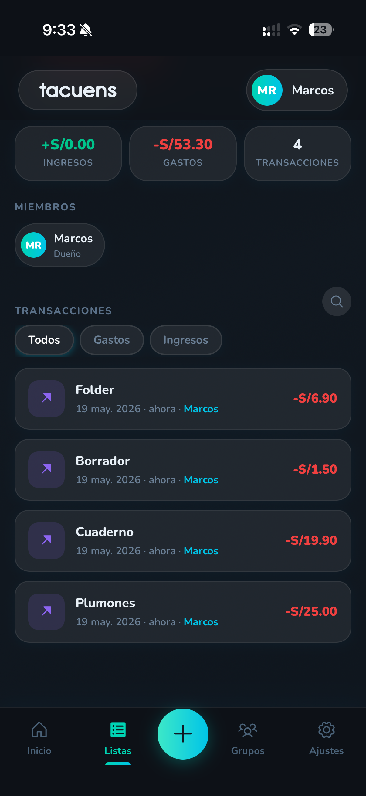 Lista de transacciones